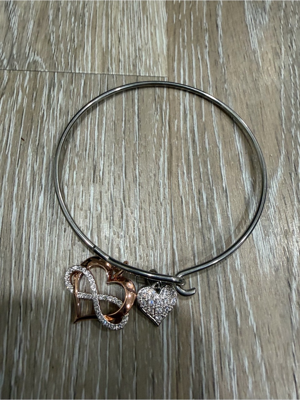 Rose Gold & Silver Heart Charm Bangle Bracelet - Women Jewelry